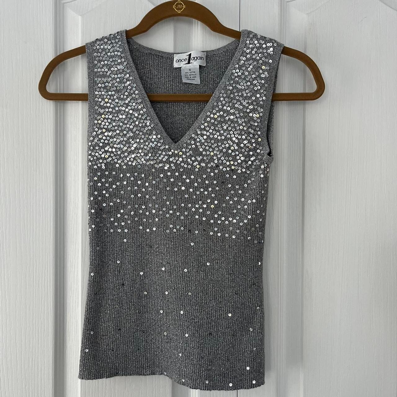 Once 1 Again Grey Sequin Knit Tank Top. Size Small